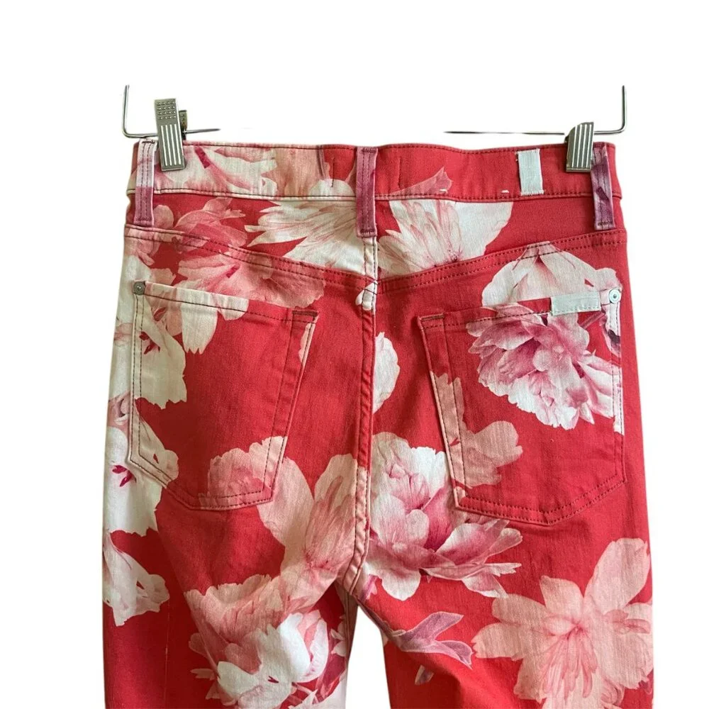7 For All Mankind High Waist Ankle‎ Skinny Floral Jeans Red Pink Sz 27 Statement